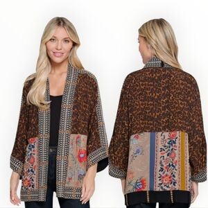 John Mark Oversized Kimono Leopard Floral Boho Open Front Embroidery Size Small